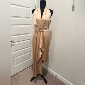 Alex Marie Champagne Ruffle High-Low Halter Dress 10